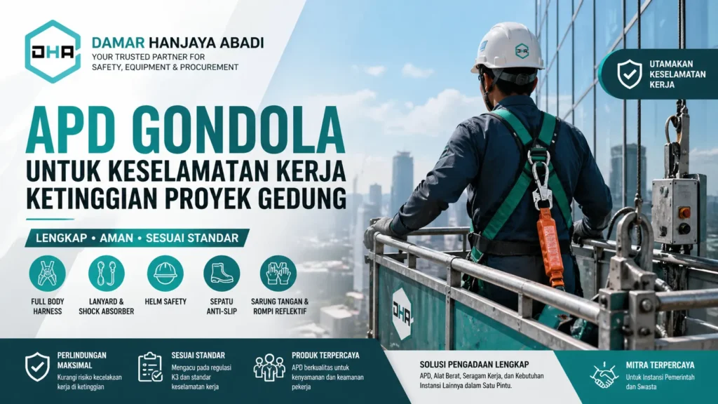 Ilustrasi penggunaan APD Gondola keselamatan kerja pada proyek gedung bertingkat untuk perlindungan pekerja di ketinggian