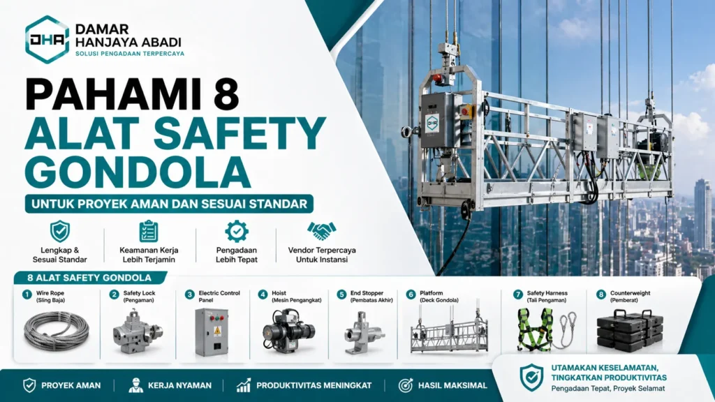 Ilustrasi komponen alat safety gondola untuk keamanan kerja di ketinggian