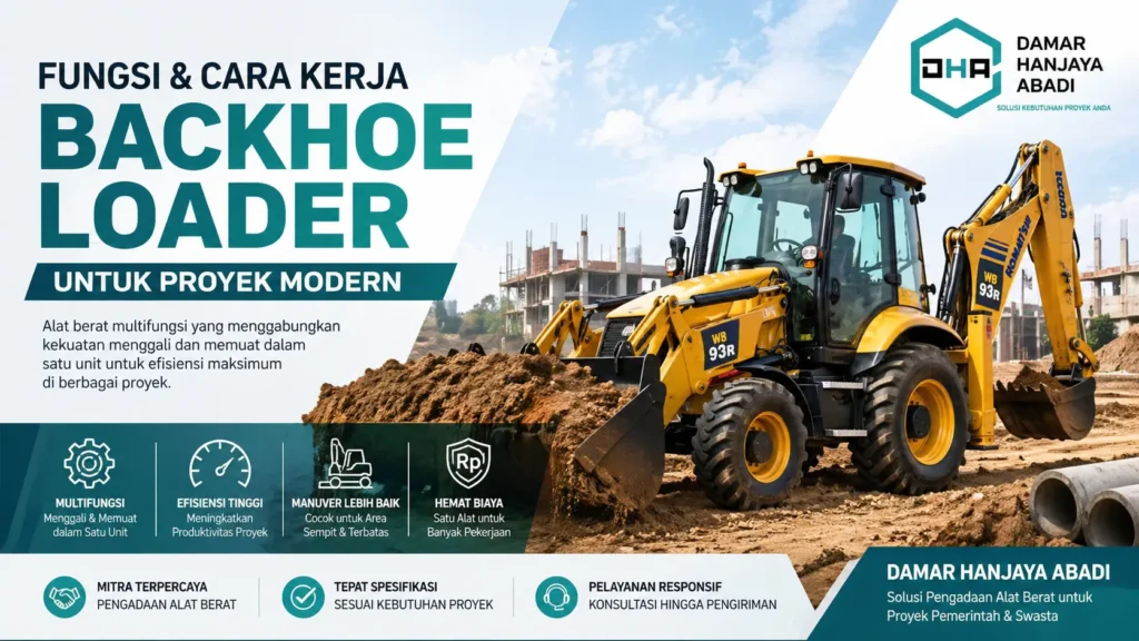 Ilustrasi fungsi dan cara kerja backhoe loader untuk proyek konstruksi modern