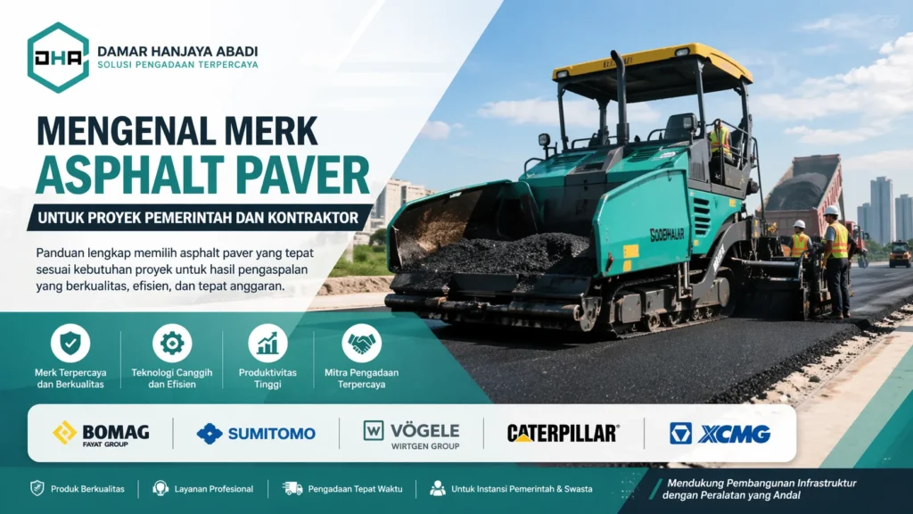 Ilustrasi mengenal merk asphalt paver untuk proyek pemerintah dan kontraktor dengan alat berat penghampar aspal