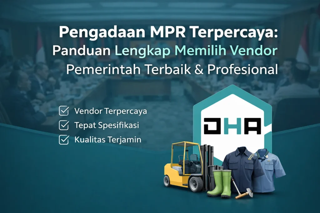 Ilustrasi pengadaan MPR dengan vendor pemerintah terpercaya oleh Damar Hanjaya Abadi yang menyediakan alat berat, seragam, dan kebutuhan instansi