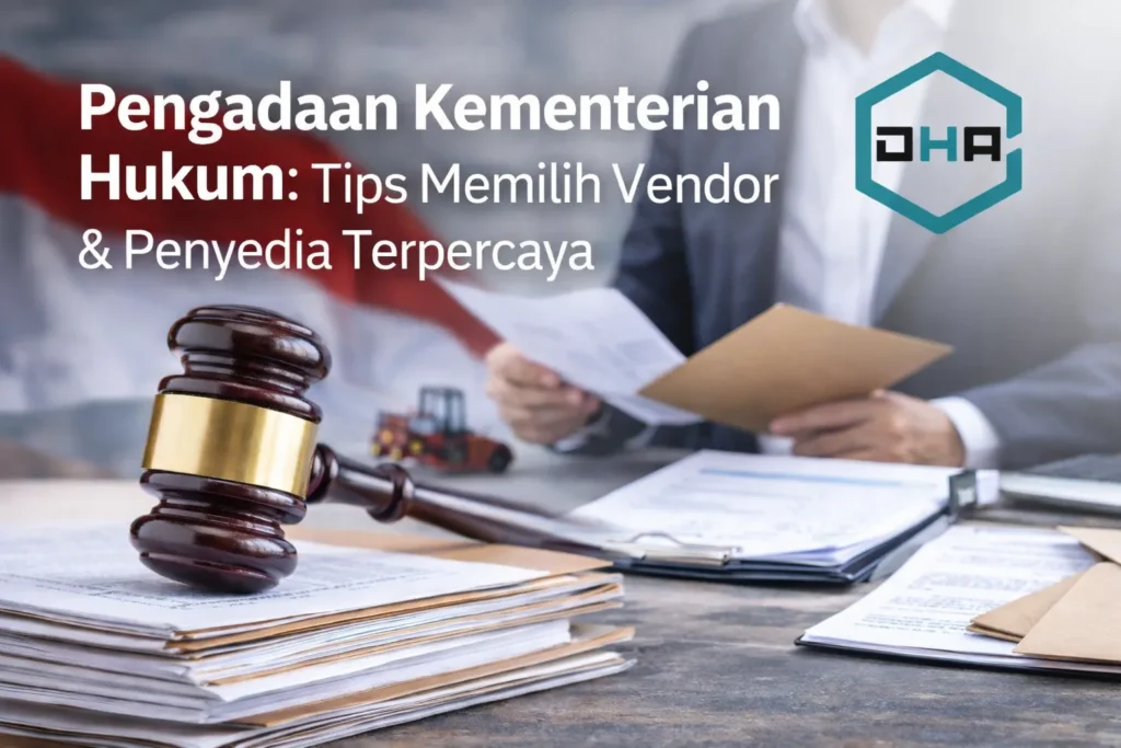 Ilustrasi pengadaan Kementerian Hukum dengan ASN sedang meninjau dokumen dan memilih vendor penyedia terpercaya