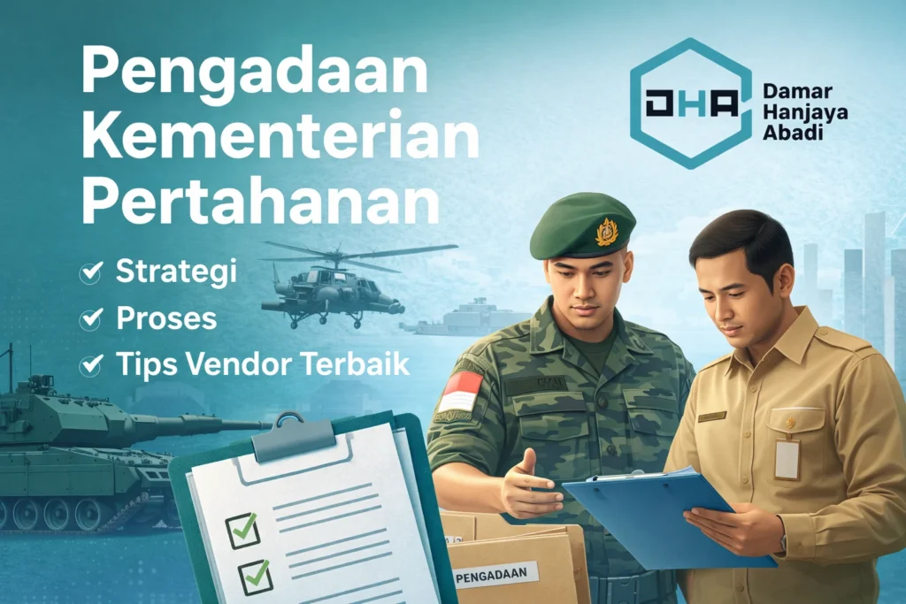 Pengadaan Kementerian Pertahanan dengan ilustrasi ASN dan TNI serta vendor penyedia oleh Damar Hanjaya Abadi
