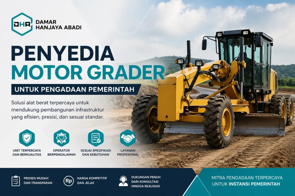 Penyedia motor grader terpercaya untuk pengadaan pemerintah oleh Damar Hanjaya Abadi dengan alat berat berkualitas dan layanan profesional