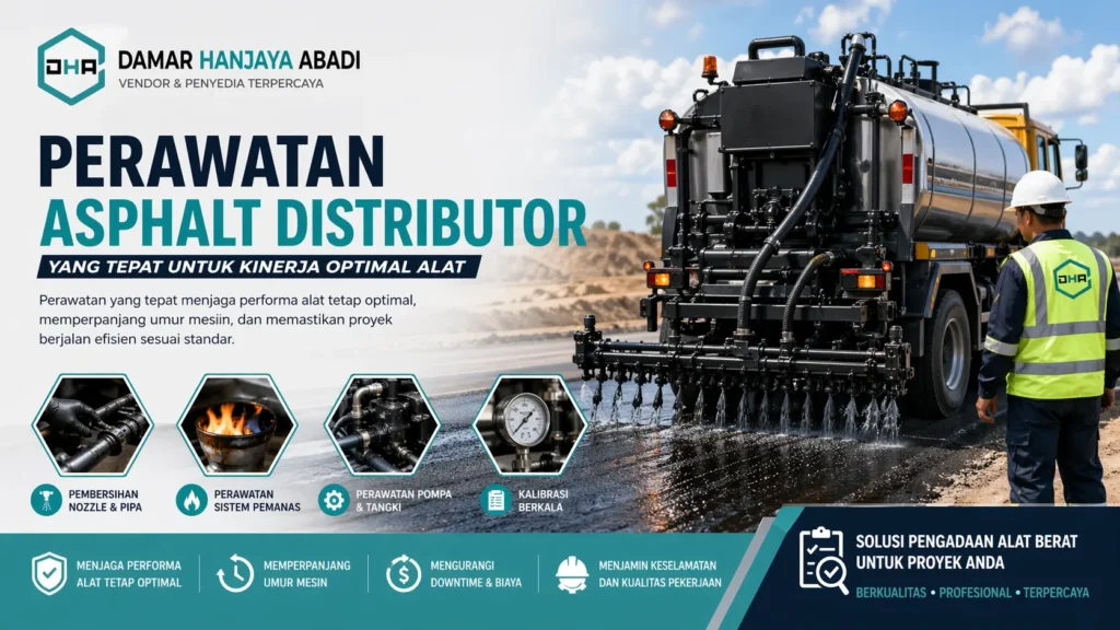Ilustrasi perawatan asphalt distributor untuk menjaga kinerja optimal alat berat pada proyek konstruksi jalan