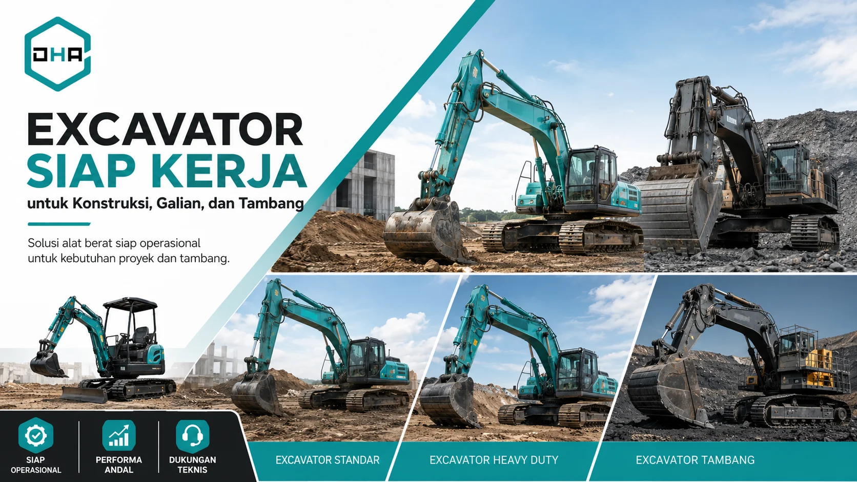 Banner produk excavator siap kerja dengan logo DHA, menampilkan berbagai jenis excavator untuk kebutuhan konstruksi, galian tanah, dan tambang.