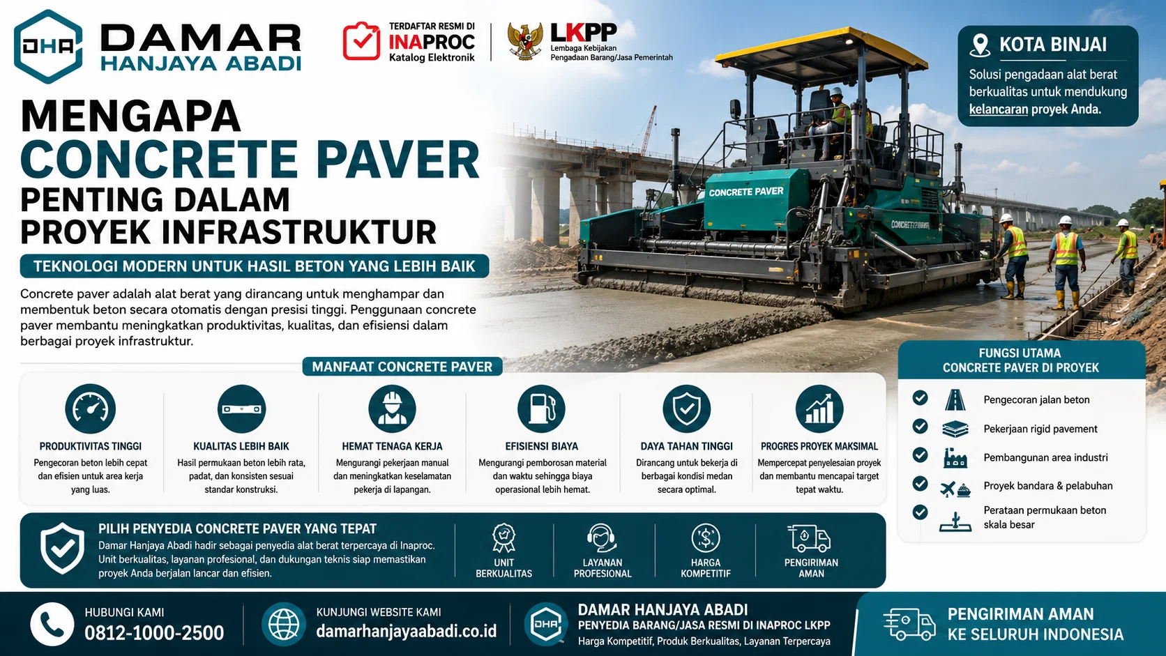 Memilih Penyedia Concrete Paver Inaproc yang Tepat untuk proyek infrastruktur dengan mesin concrete paver modern, vendor resmi LKPP, dan layanan pengadaan terpercaya dari Damar Hanjaya Abadi.