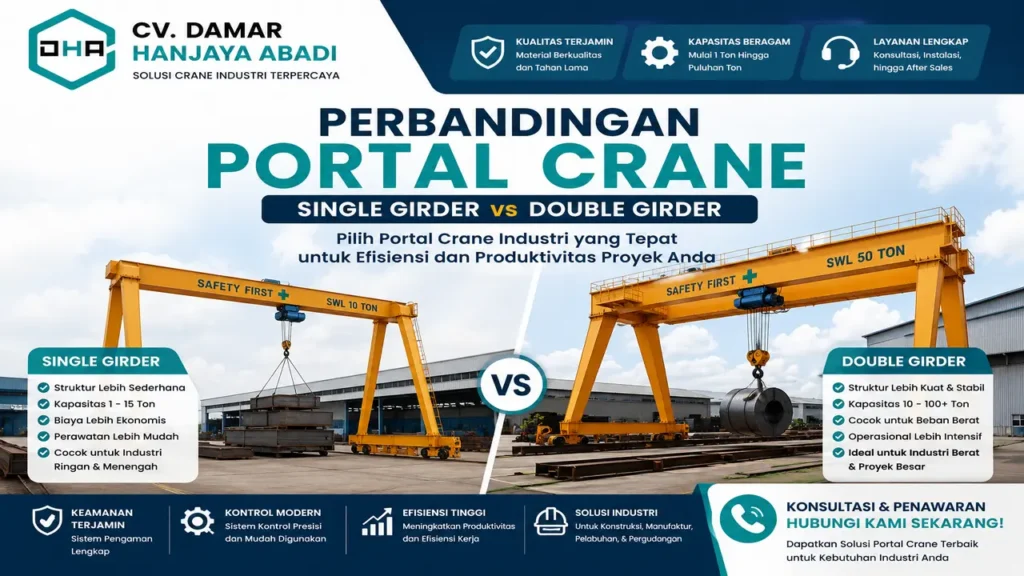 perbandingan portal crane single dan double girder dari CV. Damar Hanjaya Abadi untuk kebutuhan industri, manufaktur, konstruksi, dan proyek pengangkatan material heavy duty