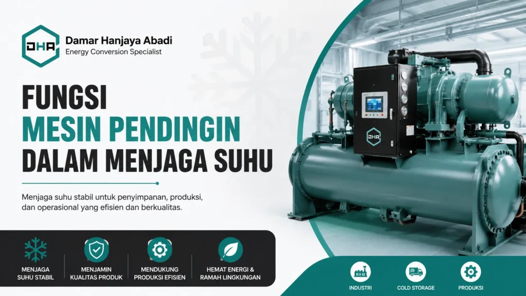 Ilustrasi gambar fungsi mesin pendingin dalam menjaga suhu industri oleh Damar Hanjaya Abadi untuk penyimpanan dan operasional stabil.