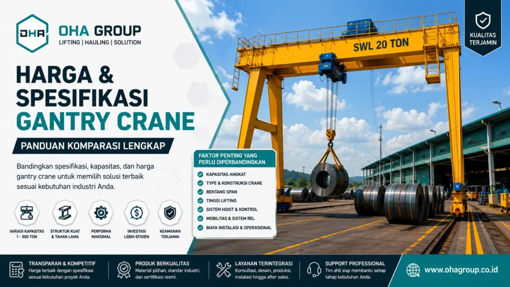 Harga dan spesifikasi gantry crane untuk kebutuhan industri dan proyek dengan sistem lifting material berat berkapasitas besar.