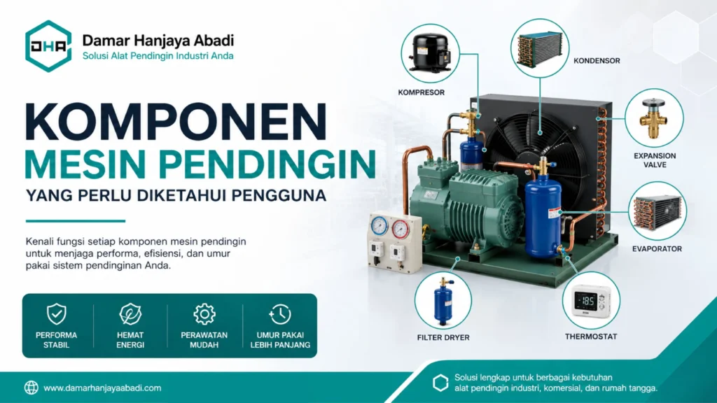 Ilustrasi gambar komponen mesin pendingin yang perlu diketahui pengguna oleh Damar Hanjaya Abadi untuk sistem pendinginan industri dan komersial.
