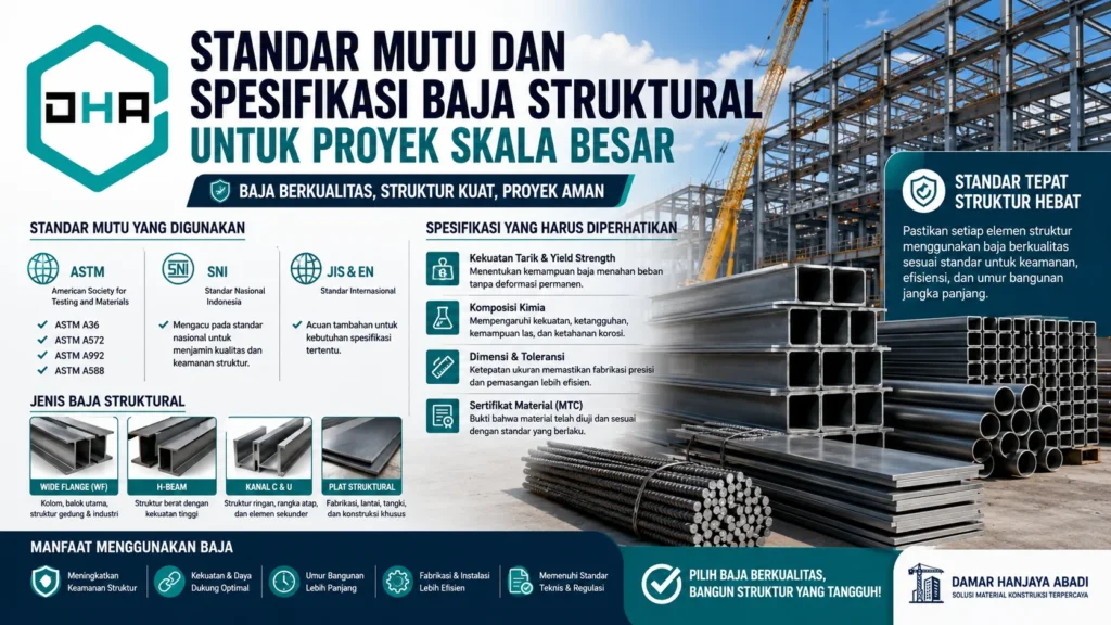 Ilustrasi Standar Mutu dan Spesifikasi Baja Struktural untuk Proyek Skala Besar menggunakan profil baja WF, H-Beam, kanal C, dan plat baja.