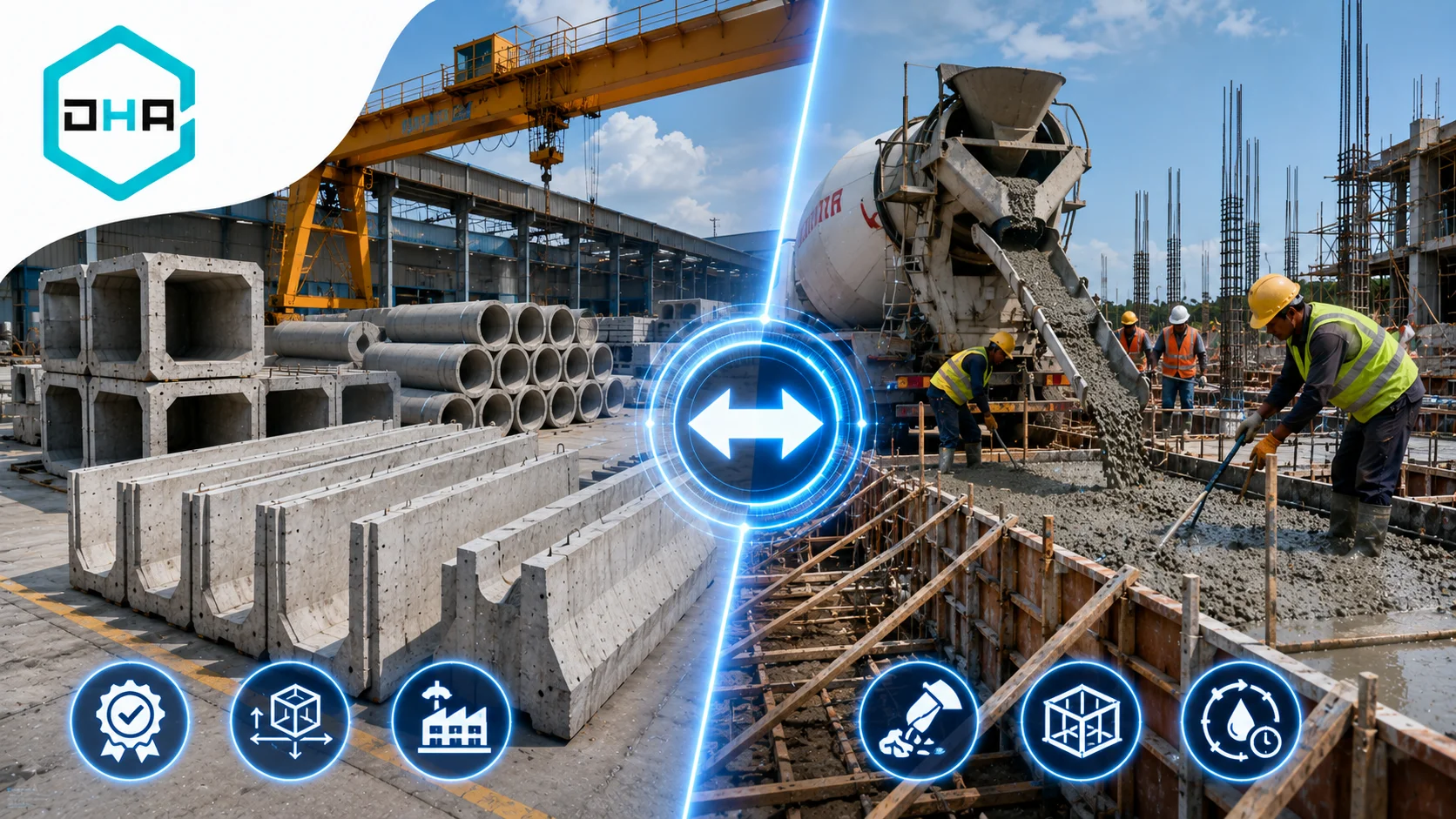 Produk beton pracetak berupa box culvert, pipa beton, dan tiang pancang tersusun di area proyek infrastruktur dengan ikon yang menggambarkan kualitas, efisiensi, dan keamanan konstruksi.