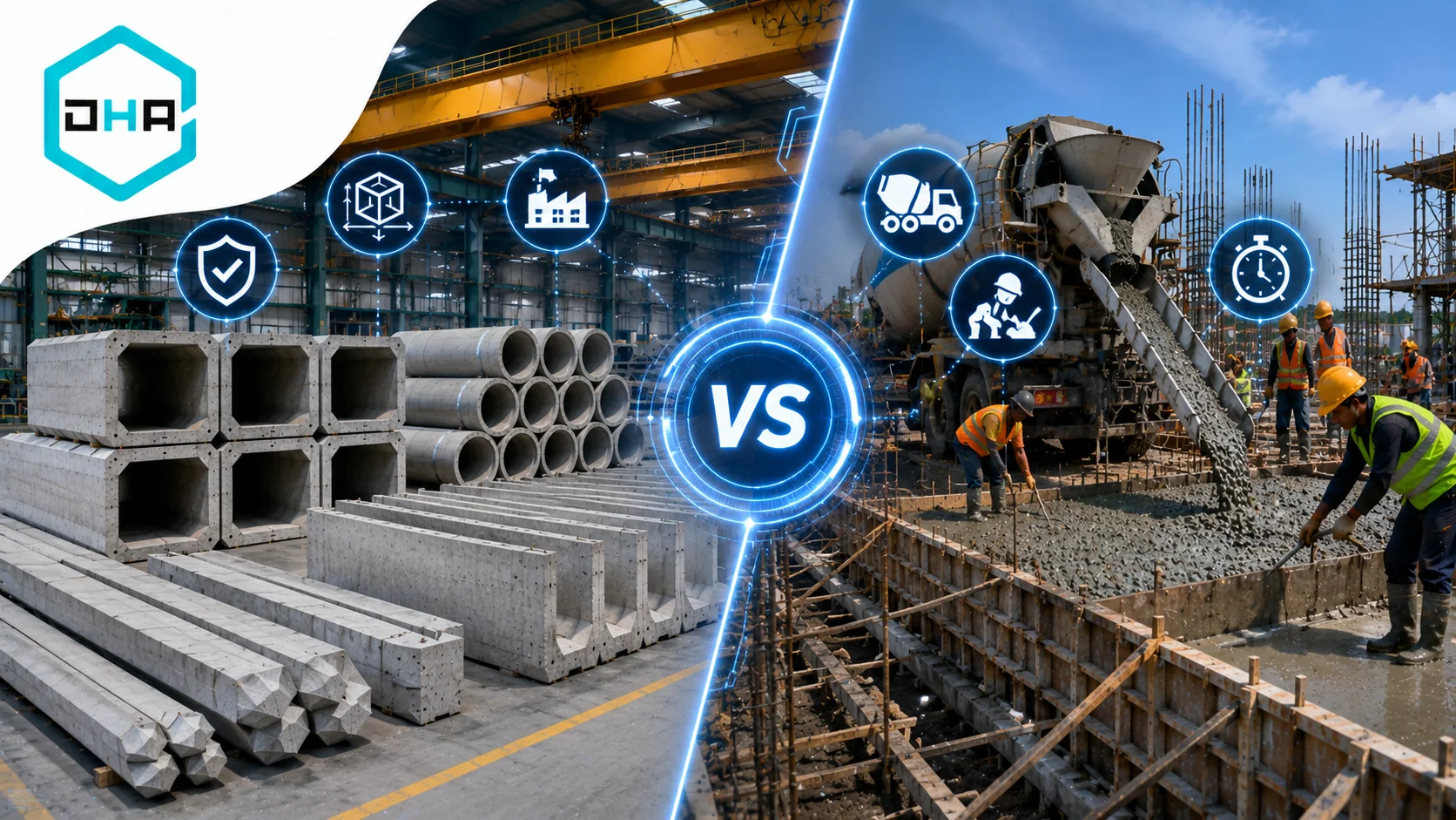 Material beton pracetak untuk proyek jalan dan jembatan ditampilkan di lokasi konstruksi dengan visual pendukung yang menyoroti keunggulan mutu, produktivitas, dan ketahanan struktur.