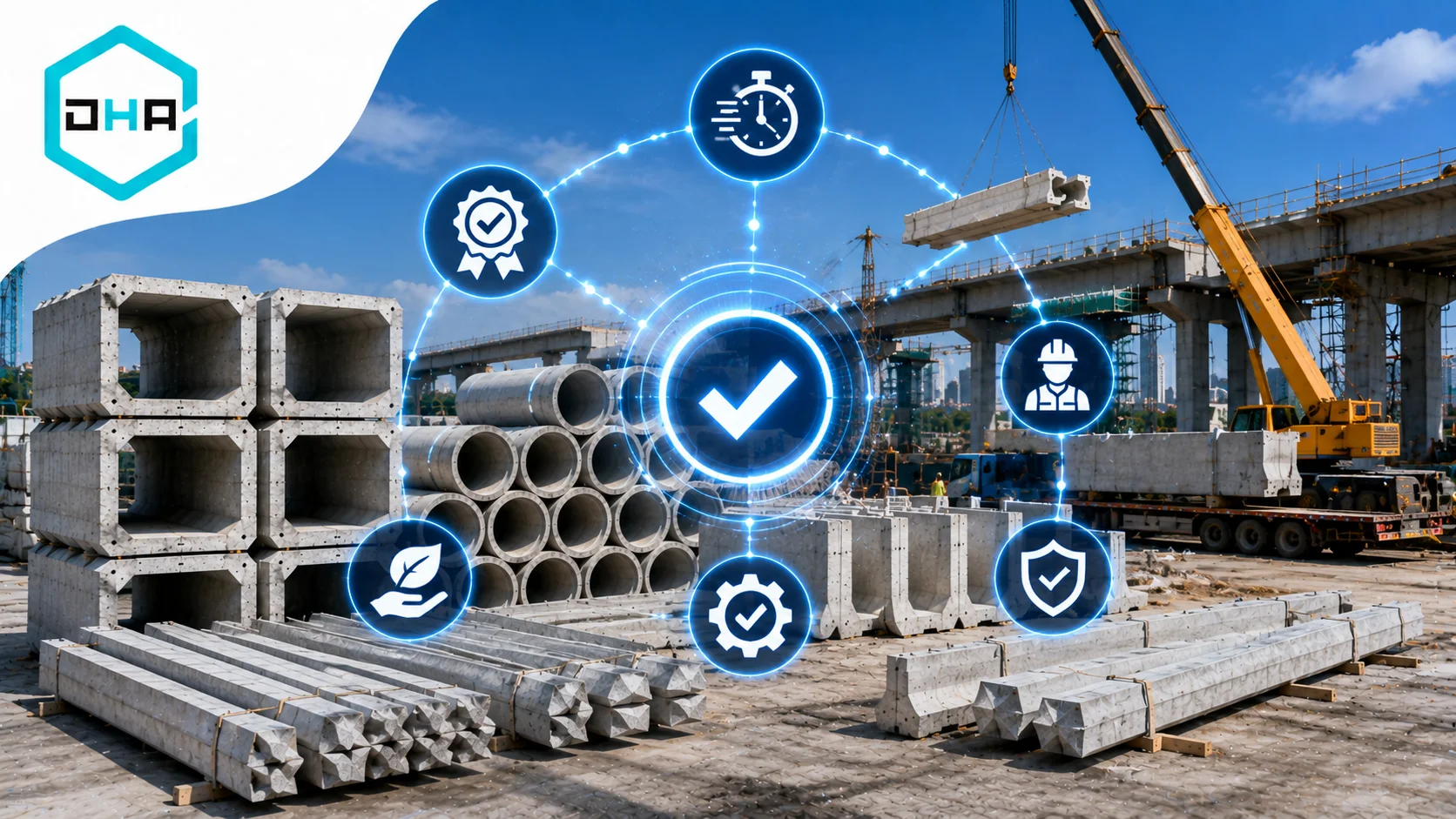Beragam komponen beton pracetak seperti box culvert, barrier beton, pipa beton, dan tiang pancang digunakan untuk mendukung pembangunan infrastruktur modern secara efisien.