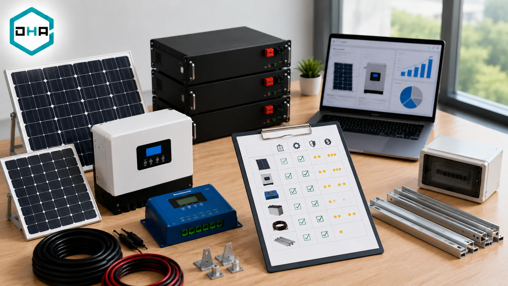 Proses evaluasi spesifikasi peralatan tenaga surya sebelum pengadaan dengan fokus pada panel surya, inverter, baterai, solar charge controller, kabel, dan aksesoris instalasi.
