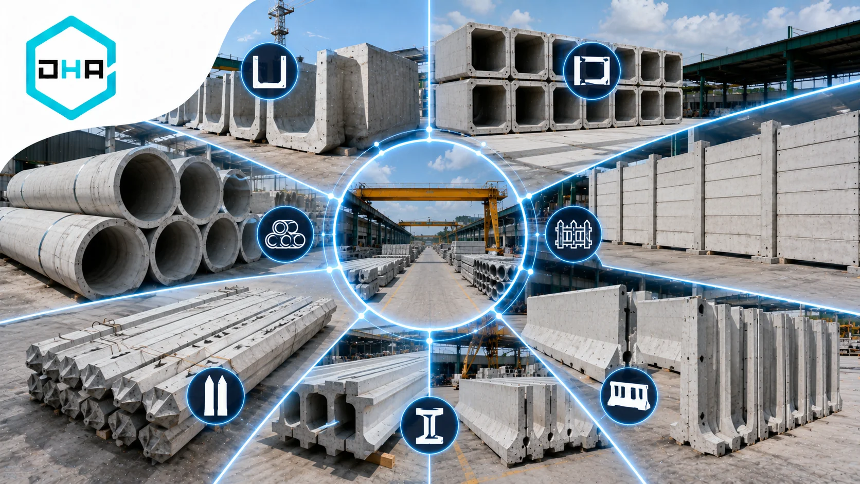 Koleksi elemen beton pracetak berkualitas tinggi meliputi saluran U-Ditch, pipa beton, tiang pancang, girder, serta barrier beton di lingkungan pabrik terkontrol.