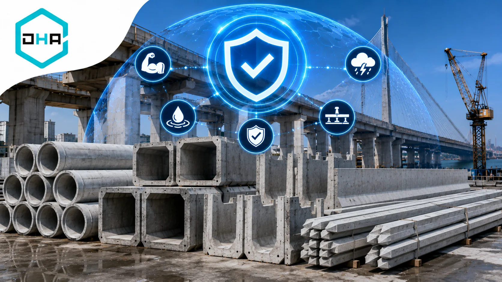 Material beton pracetak seperti box culvert, gorong-gorong beton, panel beton, dan tiang pancang pada proyek konstruksi modern yang menonjolkan aspek keamanan dan daya tahan struktur.