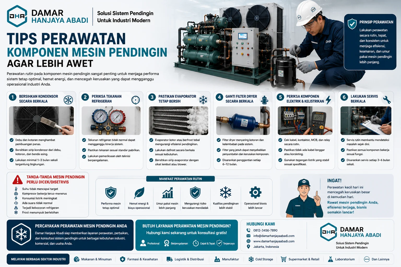 Panduan Tips Perawatan Komponen Mesin Pendingin Agar Lebih Awet yang menjelaskan langkah perawatan rutin mesin pendingin industri untuk meningkatkan efisiensi energi, memperpanjang umur komponen, menjaga stabilitas suhu, dan mencegah kerusakan mendadak.
