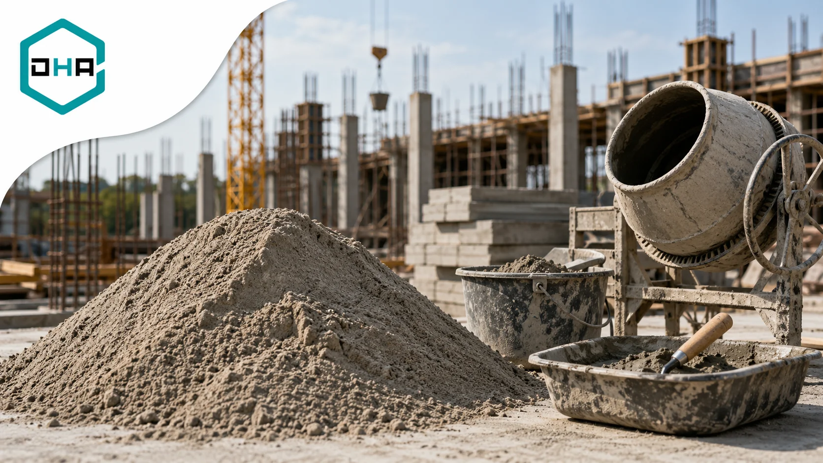 Tumpukan pasir beton berkualitas di area proyek konstruksi dengan alat pengayak material dan ikon pemeriksaan mutu sebagai ilustrasi pemilihan pasir beton untuk kebutuhan pembangunan.