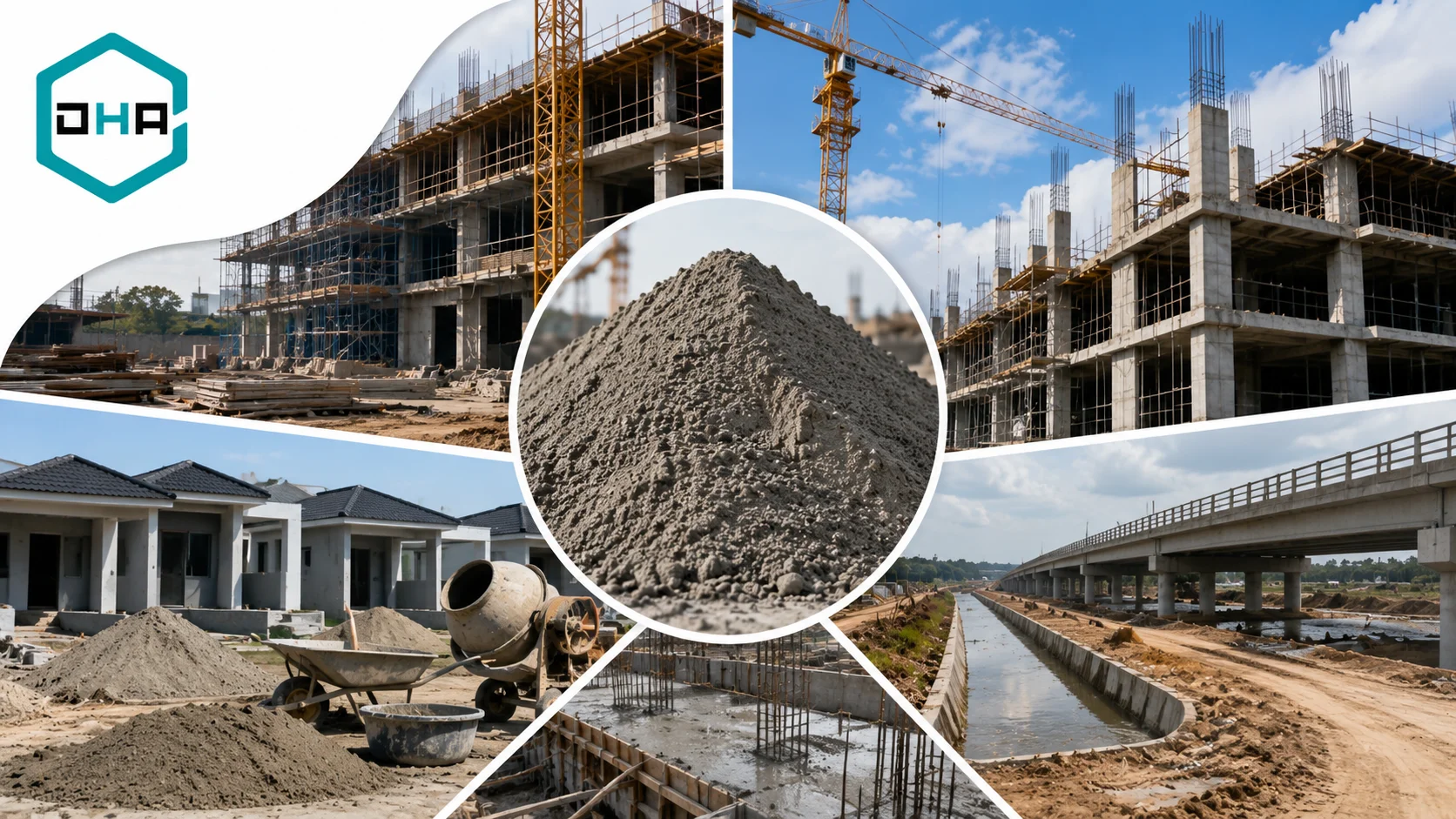 Material pasir beton pada lokasi pembangunan gedung bertingkat dengan visual inspeksi kualitas dan indikator spesifikasi material konstruksi.
