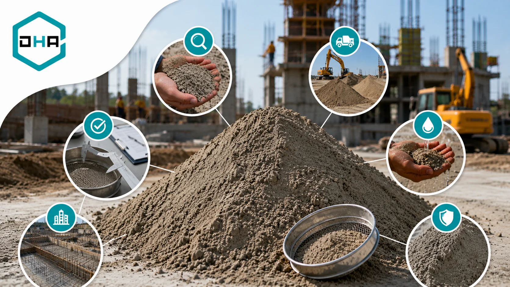 Pasir beton untuk proyek konstruksi ditampilkan bersama alat uji material dan aktivitas pembangunan sebagai representasi pemilihan material sesuai kebutuhan proyek.