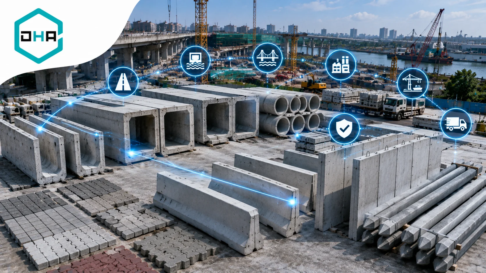 Beragam produk beton pracetak seperti U-Ditch, box culvert, pipa beton, barrier beton, paving block, dan tiang pancang tersusun di area produksi untuk mendukung kebutuhan proyek konstruksi melalui INAPROC.