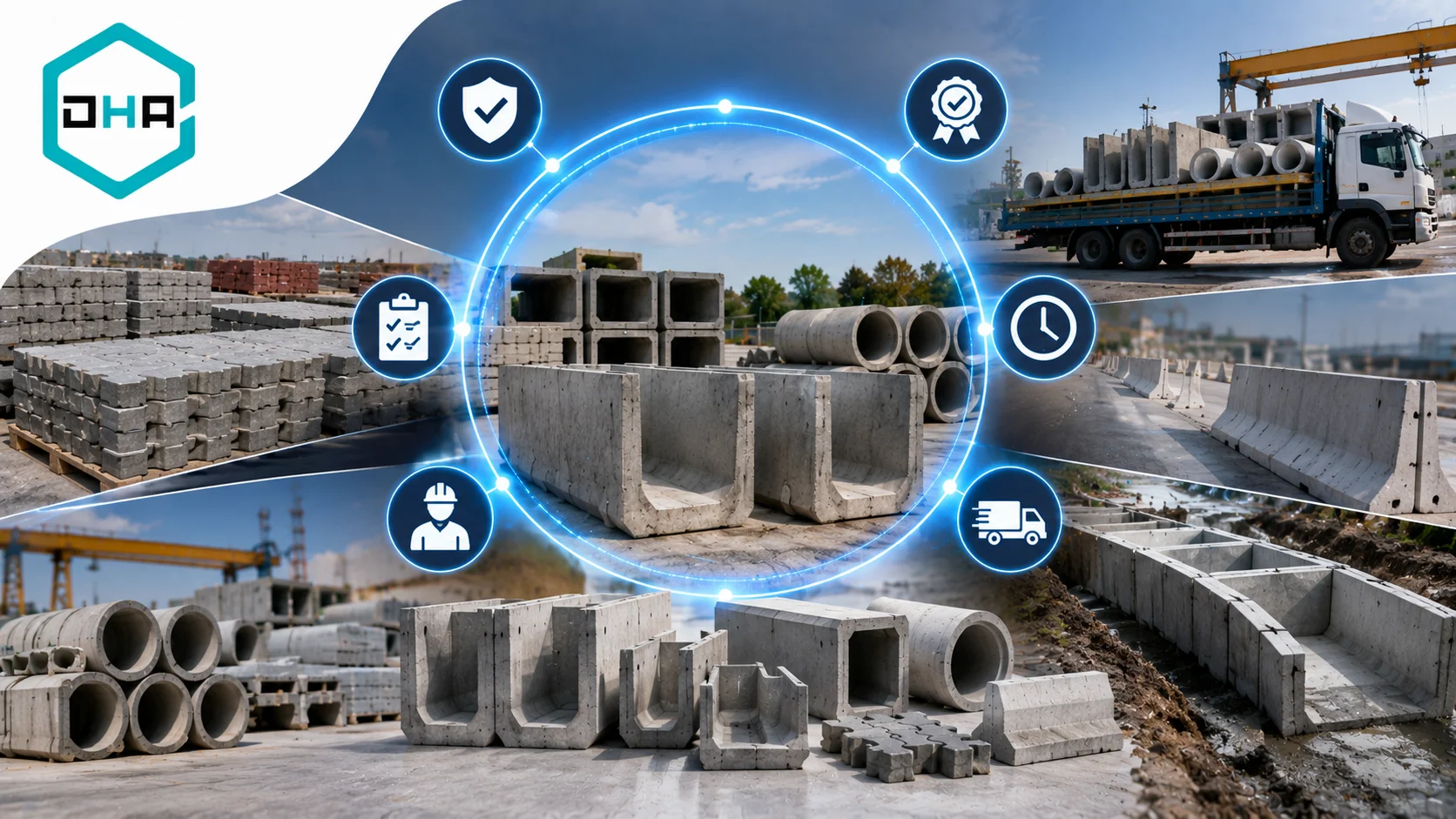 Katalog visual produk beton pracetak menampilkan berbagai komponen konstruksi mulai dari saluran drainase, barrier jalan, pipa beton, hingga paving block dalam satu area industri.