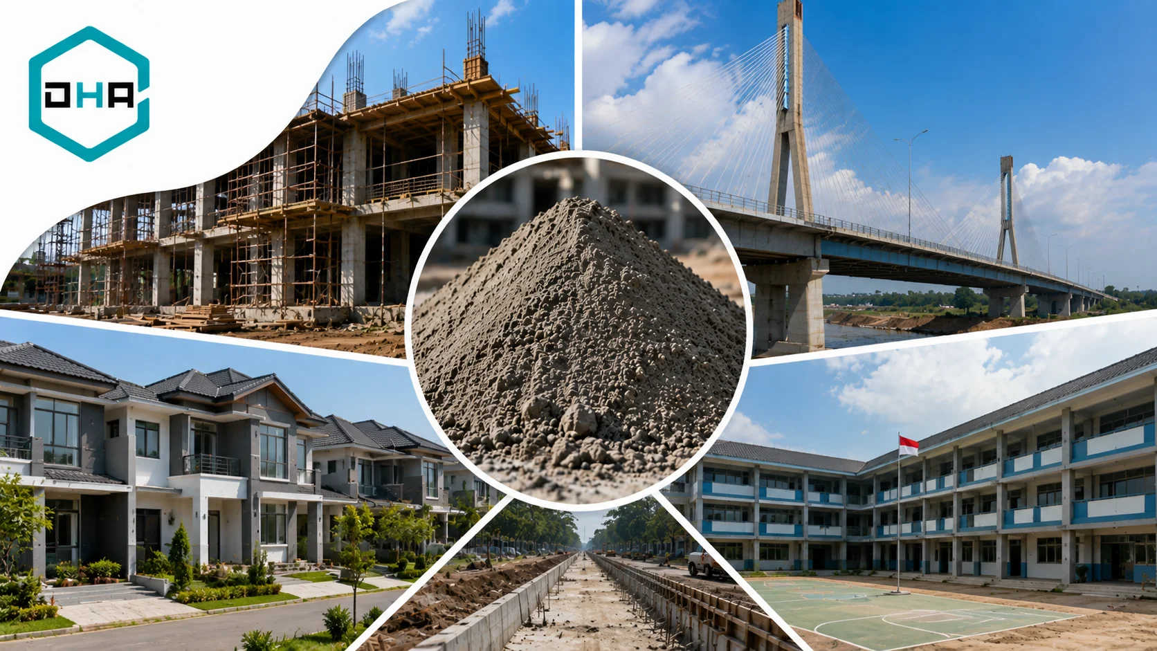 Pasir beton sebagai material konstruksi utama ditampilkan di lokasi pembangunan gedung dengan visual pemeriksaan spesifikasi dan proses pengadaan material.