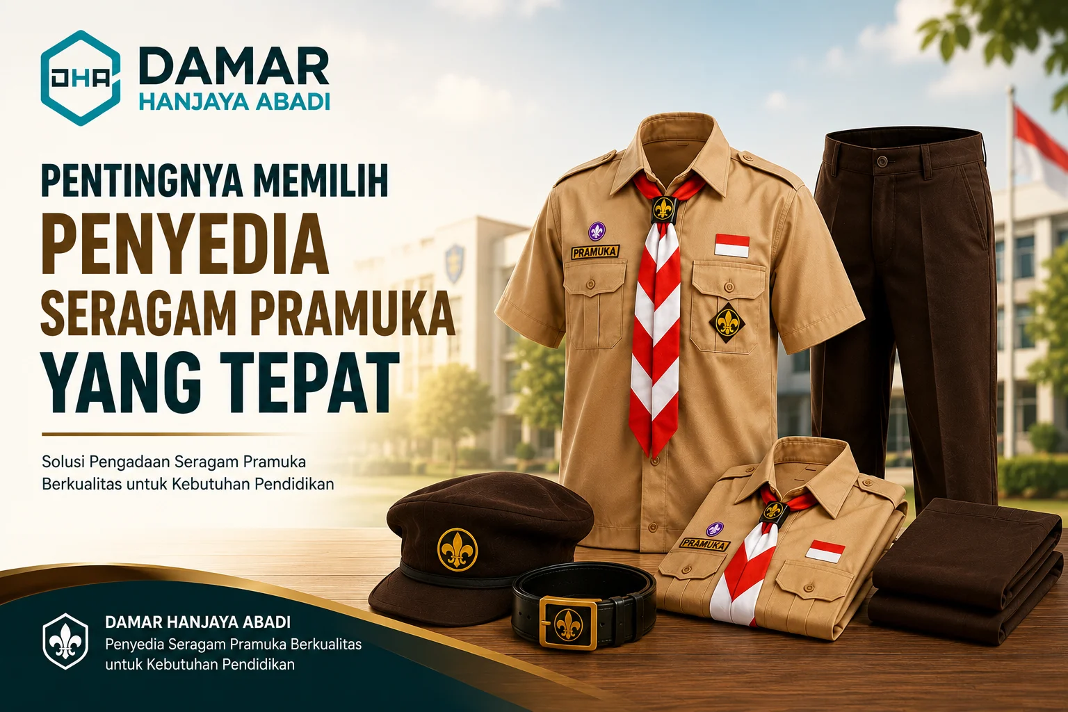 Keunggulan Penyedia Profesional untuk Kebutuhan Sekolah dengan seragam Pramuka laki-laki lengkap, logo Damar Hanjaya Abadi, latar lingkungan sekolah, dan produk seragam berkualitas untuk kebutuhan pendidikan.