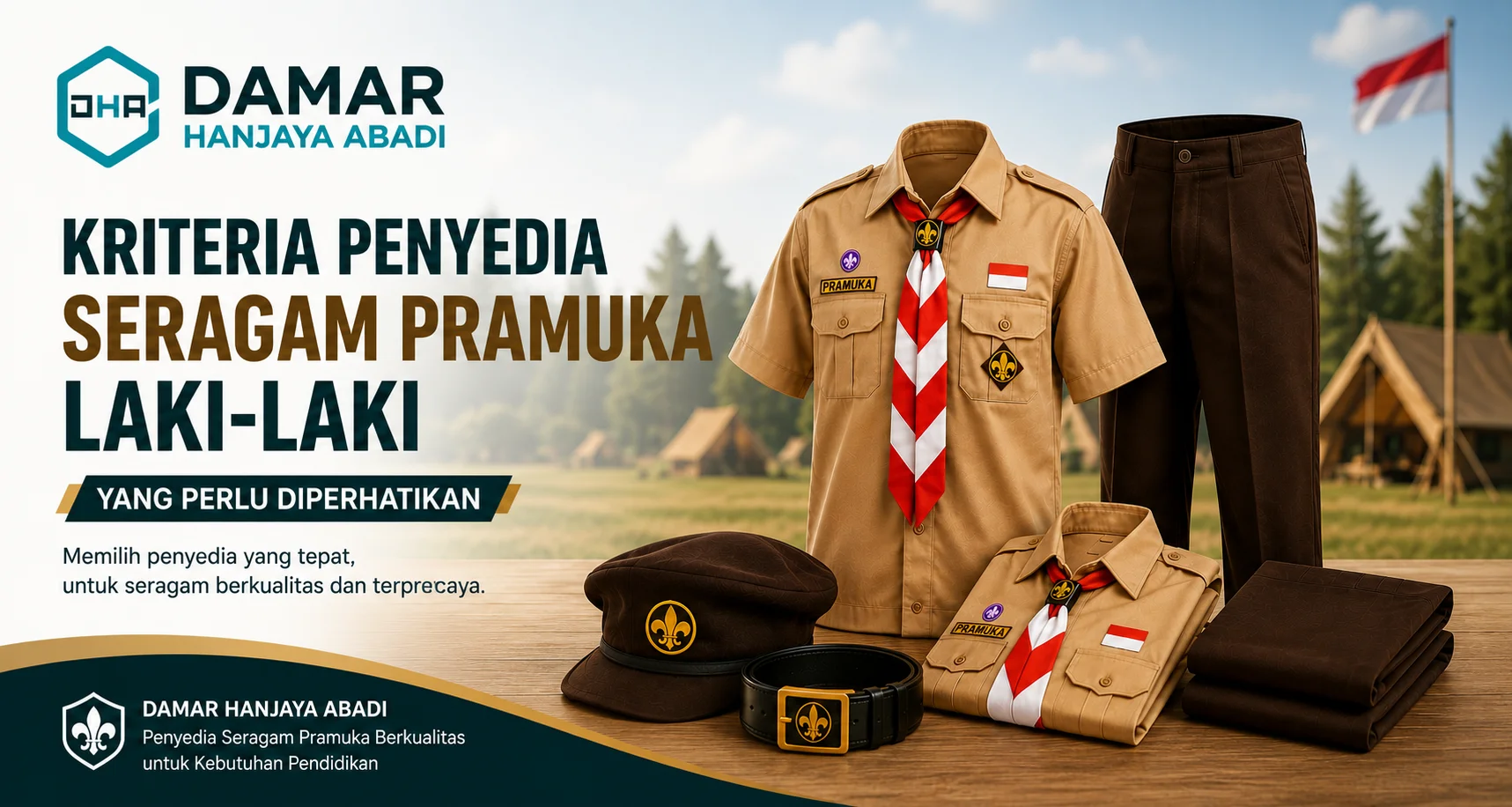 Banner Keunggulan Penyedia Profesional untuk Kebutuhan Sekolah menampilkan seragam Pramuka laki-laki resmi, atribut lengkap, logo Damar Hanjaya Abadi, dan suasana sekolah modern.