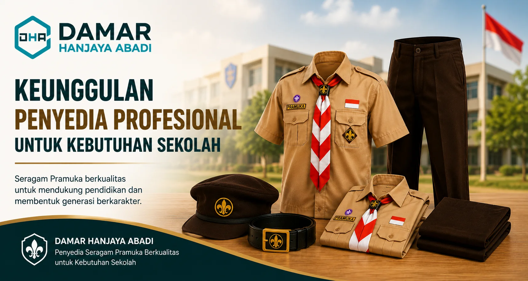 isual Keunggulan Penyedia Profesional untuk Kebutuhan Sekolah dengan produk seragam Pramuka laki-laki berkualitas, topi, ikat pinggang, celana Pramuka, serta logo Damar Hanjaya Abadi.