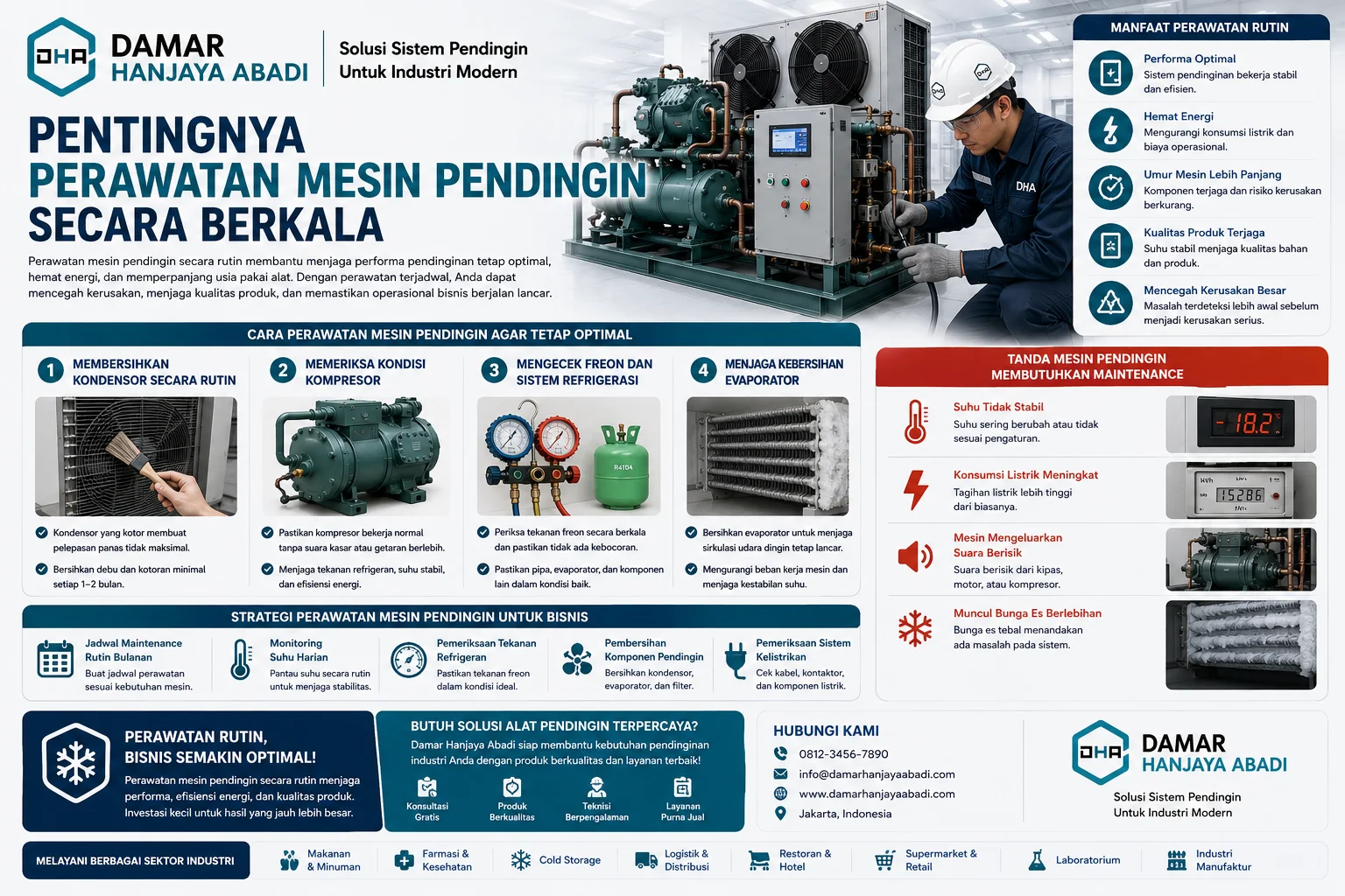 Tanda mesin pendingin membutuhkan maintenance yang menunjukkan gejala kerusakan seperti suhu tidak stabil, konsumsi listrik meningkat, suara mesin berisik, bunga es berlebihan, kebocoran air, kompresor sering menyala mati, dan pendinginan tidak maksimal pada sistem pendingin industri.