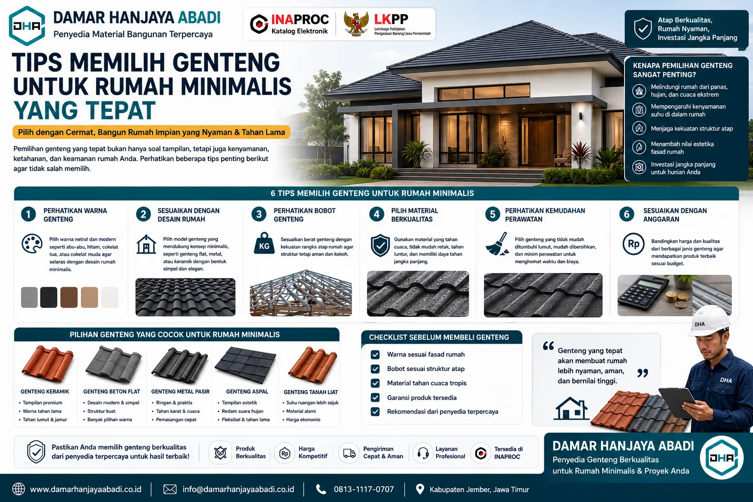 Tips Memilih Genteng untuk Rumah Minimalis yang Tepat dari Damar Hanjaya Abadi melalui INAPROC untuk mendapatkan atap berkualitas sesuai desain rumah modern.