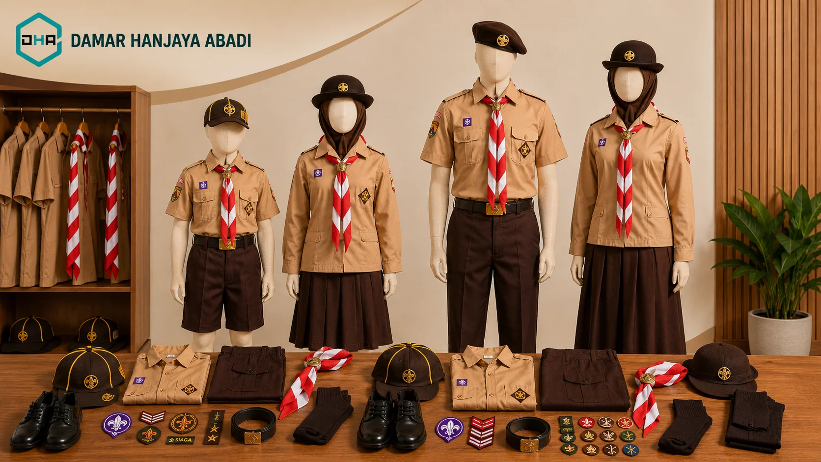 Atribut seragam Pramuka SD dan SMP tersusun rapi meliputi kemeja Pramuka, topi, hasduk, ikat pinggang, tali, serta berbagai tanda kecakapan dan tanda pengenal dengan logo DAMAR HANJAYA ABADI.