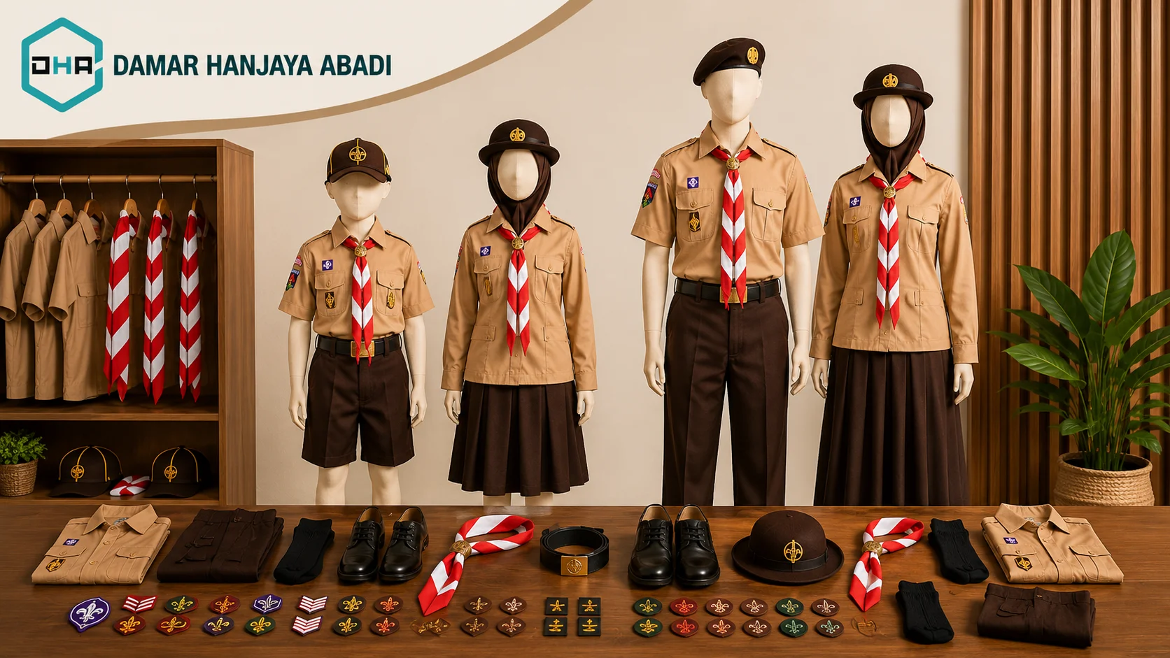 Perlengkapan atribut seragam Pramuka Siaga dan Penggalang dalam tampilan flat lay profesional yang menampilkan badge, tanda kecakapan, topi, hasduk, dan seragam sesuai standar sekolah.