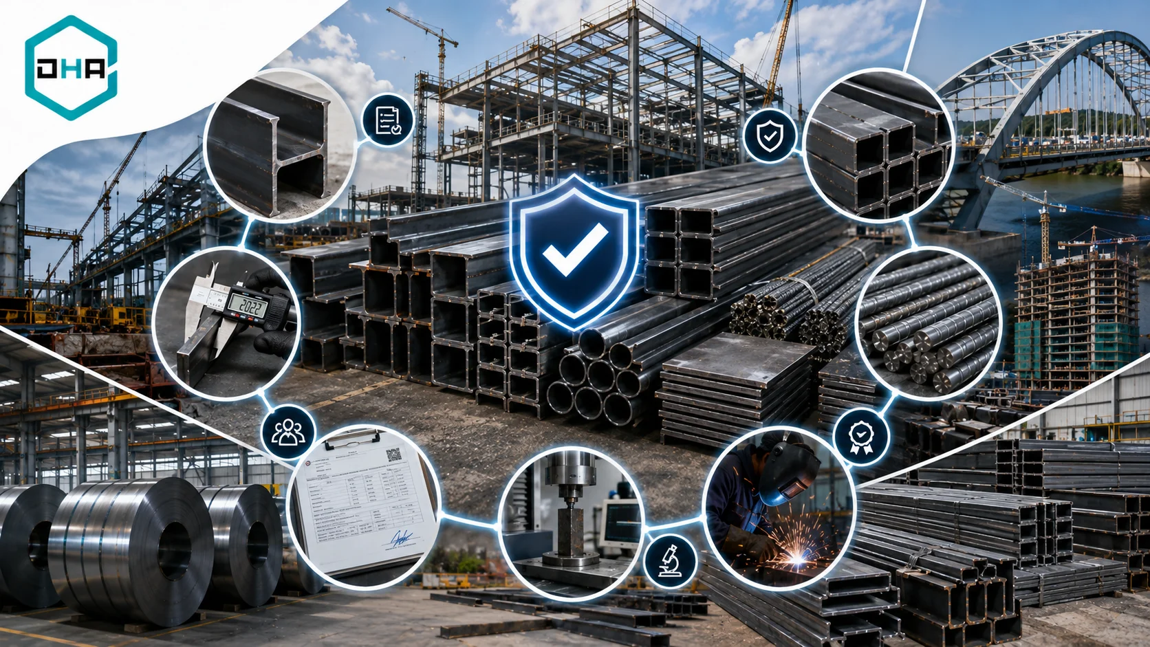 Material baja struktural berkualitas dengan proses inspeksi dimensi, pengujian mekanis, verifikasi sertifikat material, dan pemeriksaan spesifikasi di area gudang baja industri.