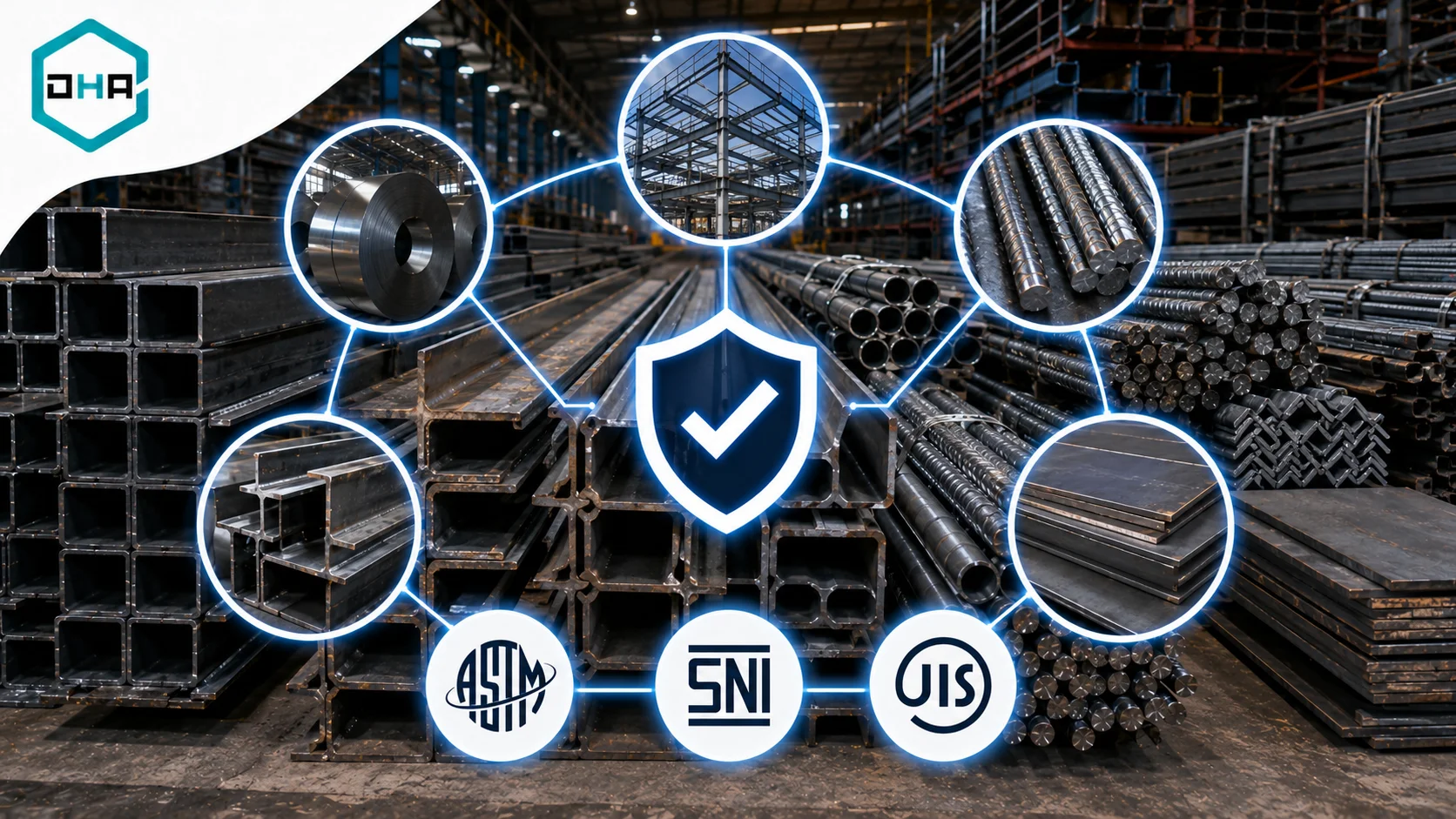 Berbagai profil baja struktural seperti H-Beam, hollow, plat baja, dan besi beton menjalani proses pengukuran, pengujian kualitas, serta verifikasi spesifikasi sebelum digunakan pada proyek konstruksi.