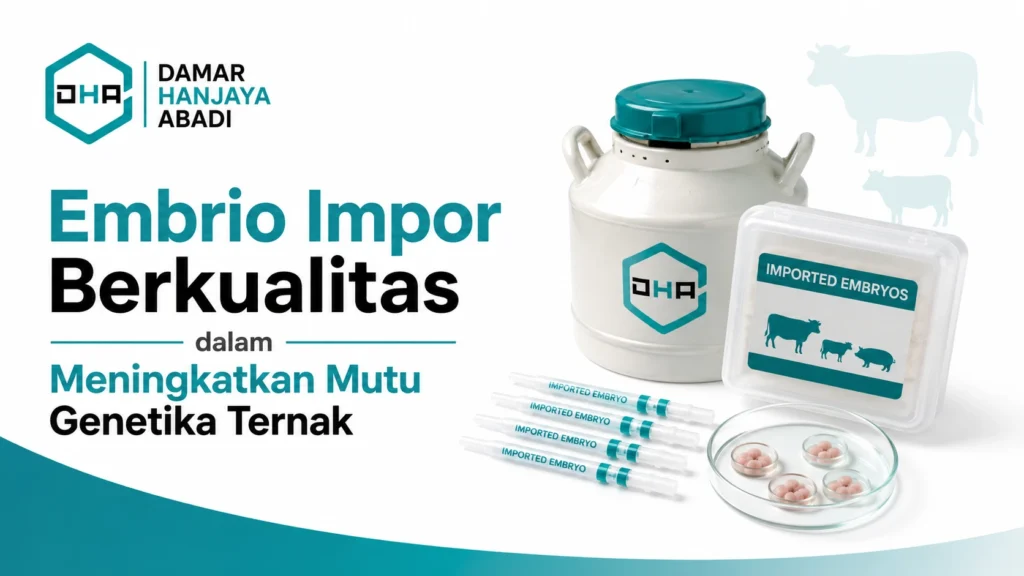 Embrio impor berkualitas untuk meningkatkan mutu genetika ternak dengan ilustrasi produk dan logo Damar Hanjaya Abadi