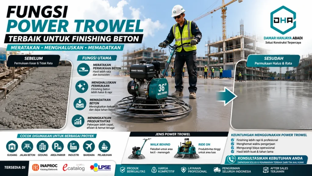 Fungsi Power Trowel untuk meratakan dan menghaluskan permukaan beton pada proyek konstruksi