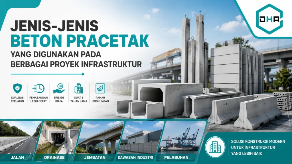 Jenis-Jenis Beton Pracetak yang digunakan pada proyek infrastruktur seperti jalan, drainase, jembatan, pelabuhan, dan kawasan industri