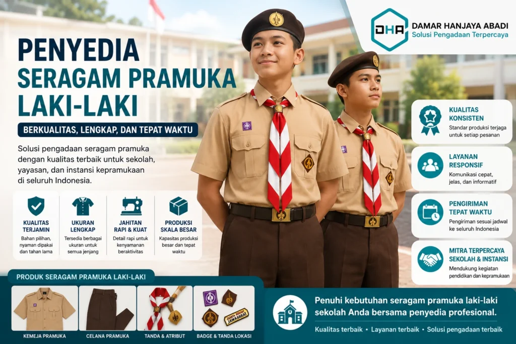 Penyedia seragam pramuka laki-laki berkualitas untuk sekolah, yayasan, dan instansi dengan ukuran lengkap serta jahitan rapi