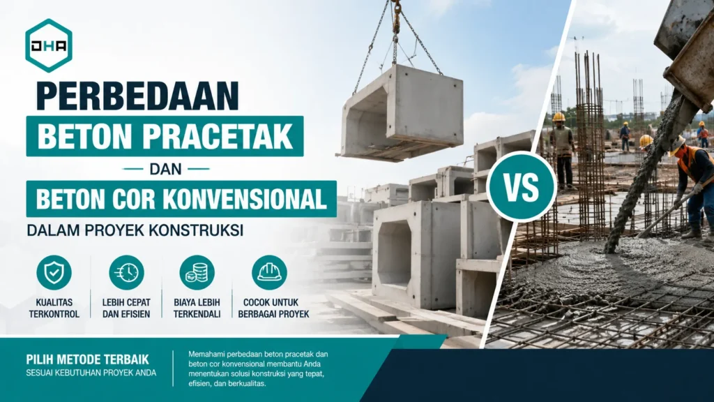 Perbedaan Beton Pracetak dan Beton Cor Konvensional dalam proyek konstruksi meliputi proses produksi, kualitas, efisiensi waktu, dan biaya pembangunan.