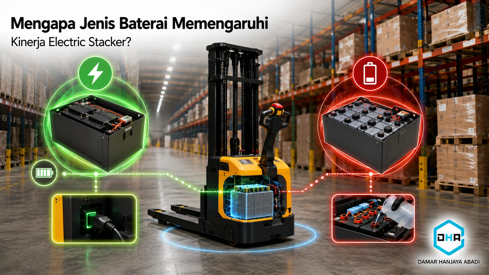 Banner bertema "Mengapa Jenis Baterai Memengaruhi Kinerja Electric Stacker?" yang menampilkan electric stacker di gudang modern dengan visual perbandingan baterai lithium-ion dan lead-acid sebagai sumber daya utama untuk mendukung performa pengangkatan dan perpindahan material.