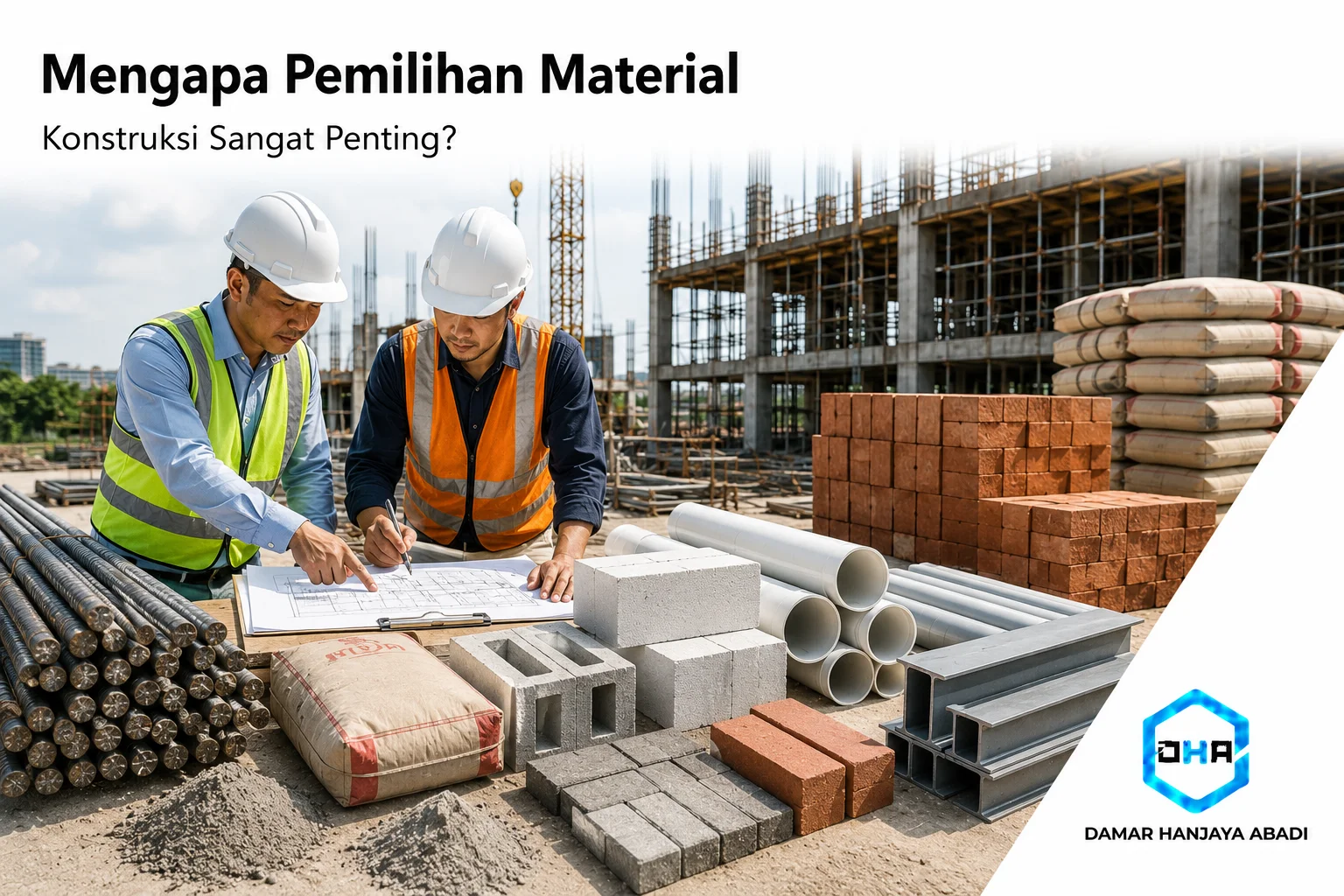 Site engineer memeriksa berbagai material konstruksi berkualitas sebelum digunakan pada proyek pembangunan.
