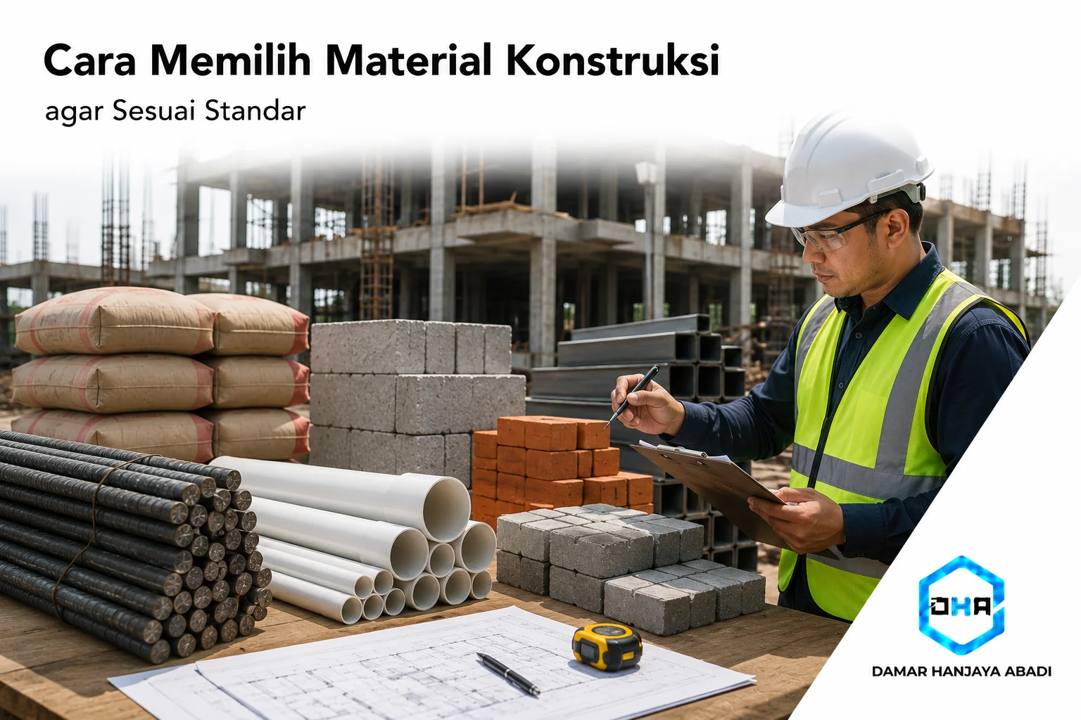 Engineer memeriksa material konstruksi berdasarkan standar SNI dan spesifikasi teknis proyek pembangunan.