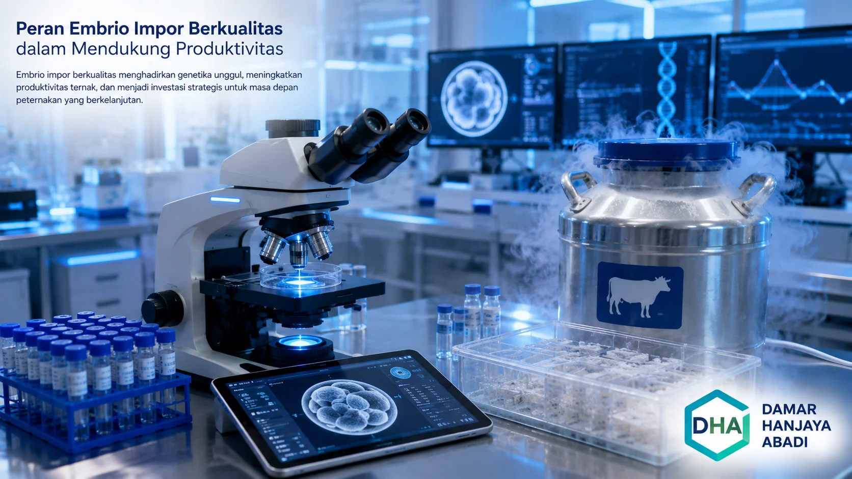 Ilmuwan sedang meneliti kualitas embrio ternak di dalam laboratorium reproduksi yang canggih.