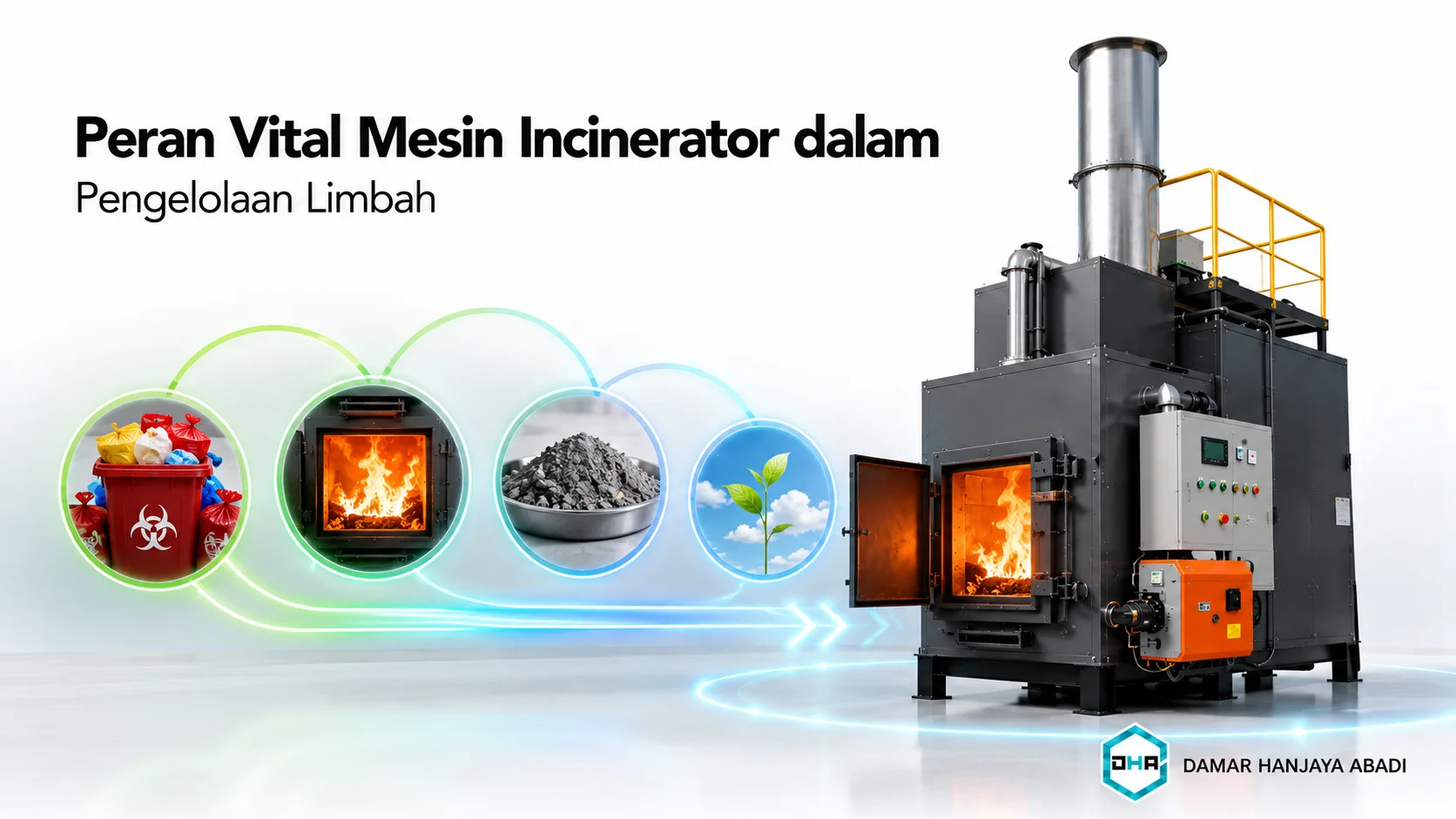 Insinyur lingkungan sedang memantau pengoperasian mesin incinerator limbah medis berteknologi tinggi.