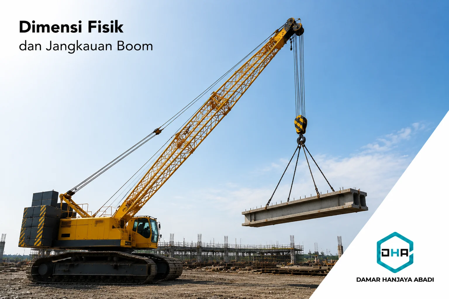 Tractor crane dengan boom menjulur panjang yang berdiri stabil di atas medan tanah berlumpur menggunakan sistem roda rantai (crawler).