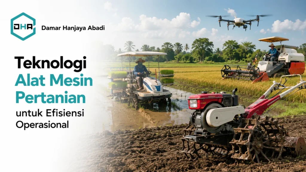 Infografis modernisasi Alat Mesin Pertanian Damar Hanjaya Abadi menampilkan drone pemupuk, rice transplanter, mesin combine harvester, dan hand traktor